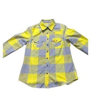 LOLA CLOTHING CO Women’s Yellow And Lilac Long Sleeve Plaid Button-Up Shirt Size